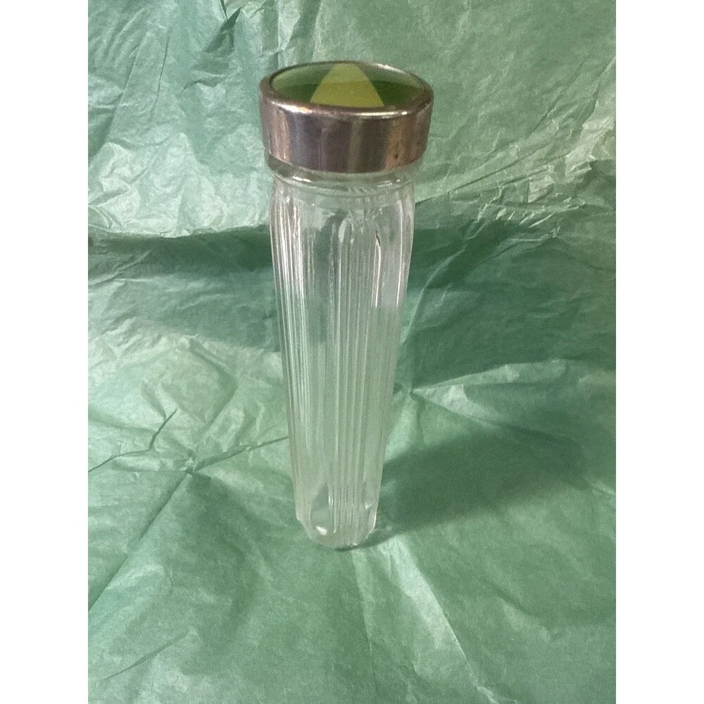 Vintage Ribbed Glass Cylindrical Vanity Jar with Metal Lid Toothbrush Hair Pins